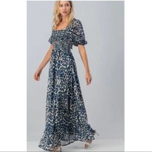 Puff Sleeve Maxi Square Neck Smocked Dress Gown